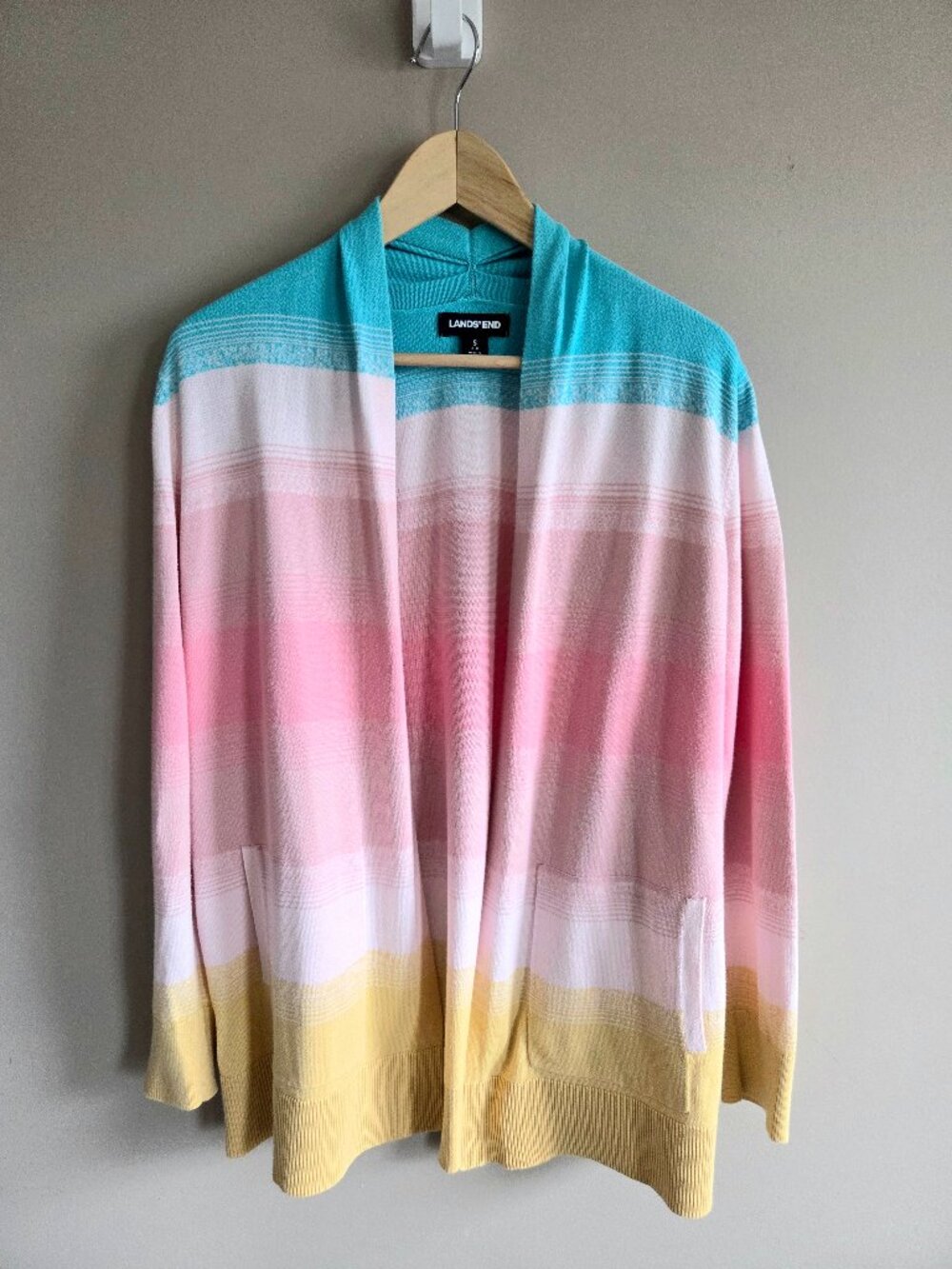 Lands' End Open Front 100% CottCardigan Colorful Pastel Stripes Front Pockets